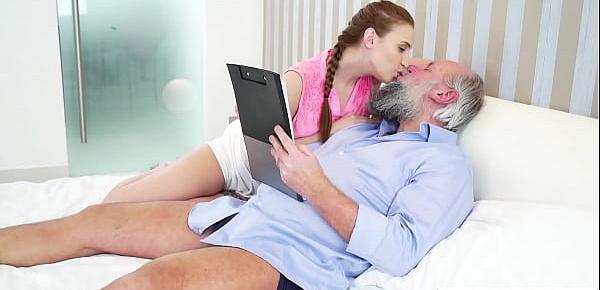  Petite teen Lulu Love moaning on grandpas hard cock
